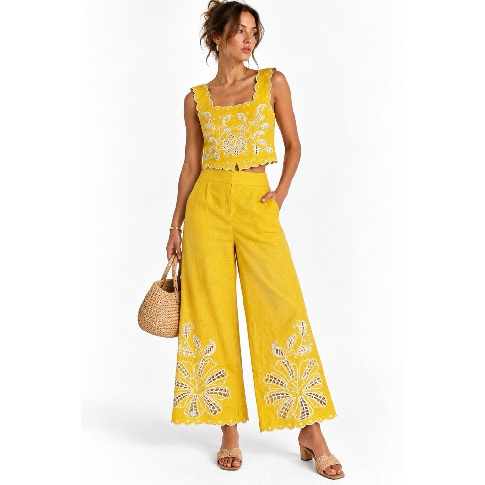 Christian Siriano Yellow Linen Embroidered Eyelet 2 Piece Crop Top Pants Set M